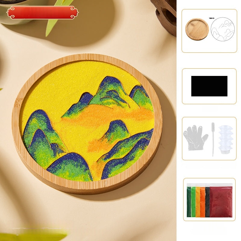 Cloisonne Kits Wooden Drink Coaster Chinese Mountain Painting Art DIY Cloisonne Kit Wooden Cup Coasters