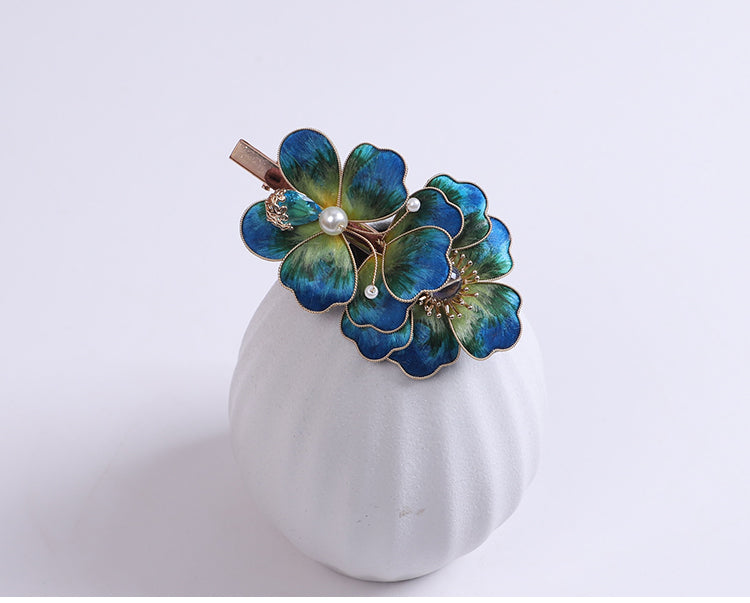 Blue Flower Alligator Hair Clips Chinese Hair Accessories Ronghua Flower Side Hair Clip Chinese Jewelry