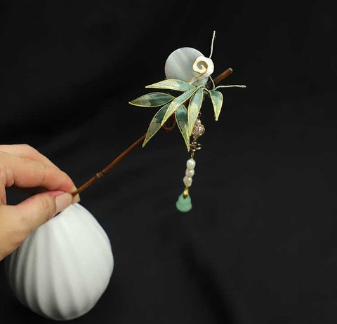 Chinese Hair Chopsticks Rong Hua Flower Chinese Hair Sticks Bamboo Leaves Wooden Hair Pin Chinese Accessories 