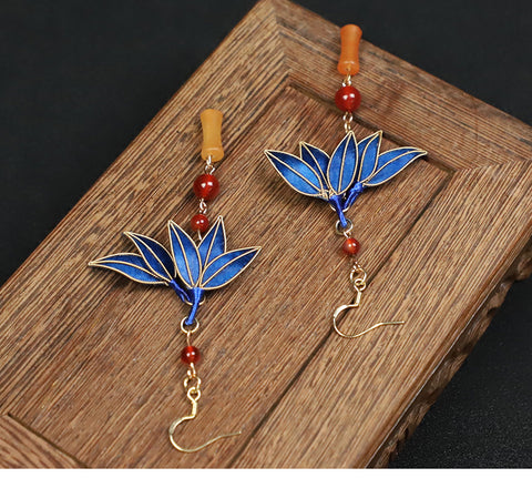 Cloisonne Blue Bamboo Leaves Dangle Earings Chinese Dangle Earrings Rong Hua Fish Hook Earring 