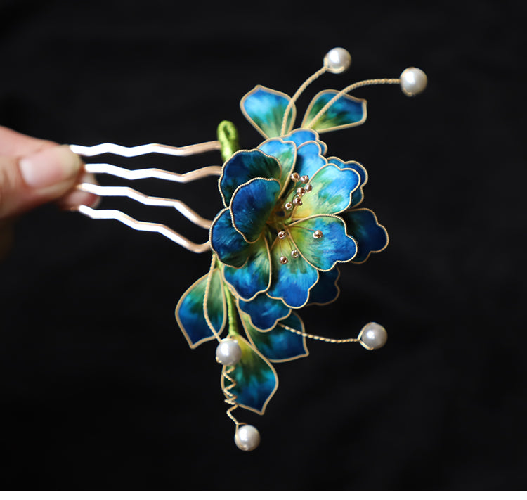 Comb Clip Chinese Jewelry Blue Flower Side Comb Chinese Hair Accessories Ronghua Flower Hair 