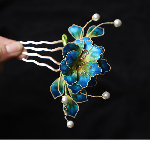 Comb Clip Chinese Jewelry Blue Flower Side Comb Chinese Hair Accessories Ronghua Flower Hair 