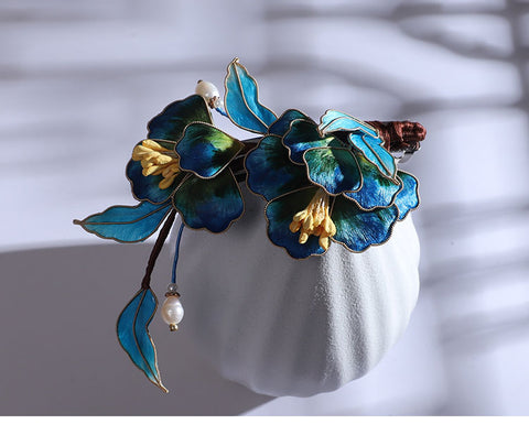 Ronghua Flower French Hair Barrettes Chinese Jewelry Blue Flower French Barrette Hair Clip Chinese Hair Accessories - Mulan Legacy