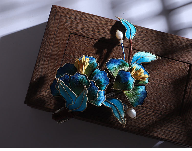 Ronghua Flower French Hair Barrettes Chinese Jewelry Blue Flower French Barrette Hair Clip Chinese Hair Accessories - Mulan Legacy