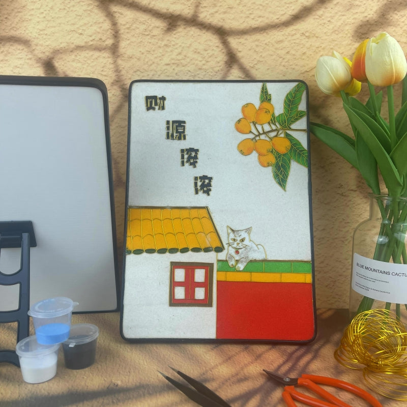 财源滚滚​ Cloisonné Painting DIY Art Kit Chinese Lunar Year Greetings with Cat Cloisonné Kit Chinese Cloisonné Art Kit 