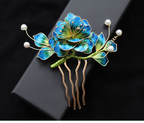  Chinese Jewelry Hair Comb Clip Blue Flower Side Comb Ronghua Flower Chinese Hair Accessories