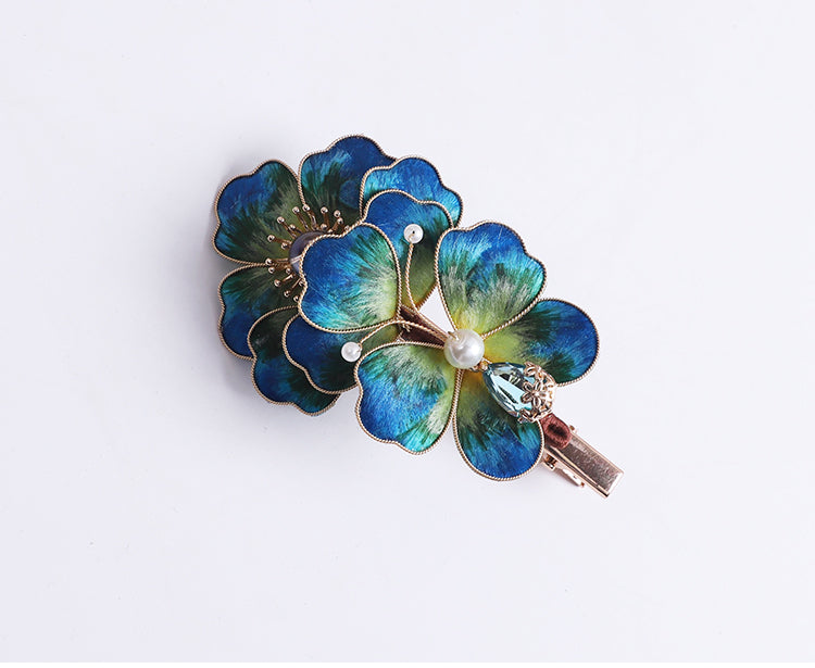 Blue Flower Alligator Hair Clips Chinese Hair Accessories Ronghua Flower Side Hair Clip Chinese Jewelry