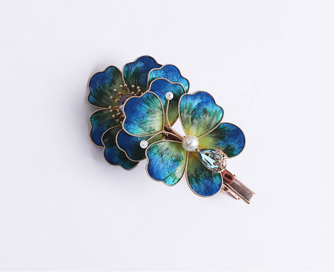 Blue Flower Alligator Hair Clips Chinese Hair Accessories Ronghua Flower Side Hair Clip Chinese Jewelry