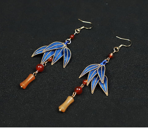 dainty drop earrings Cloisonne Blue Bamboo Leaves Dangle Earings 