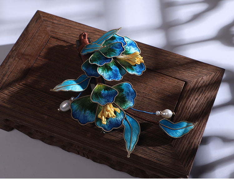 Ronghua Flower French Hair Barrettes Chinese Jewelry Blue Flower French Barrette Hair Clip Chinese Hair Accessories - Mulan Legacy