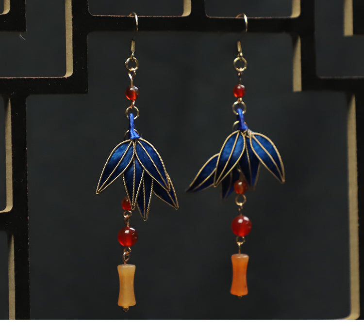 dainty dangle earrings Cloisonne Blue Bamboo Leaves Dangle Earings 