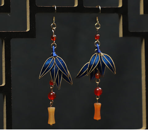 dainty dangle earrings Cloisonne Blue Bamboo Leaves Dangle Earings 