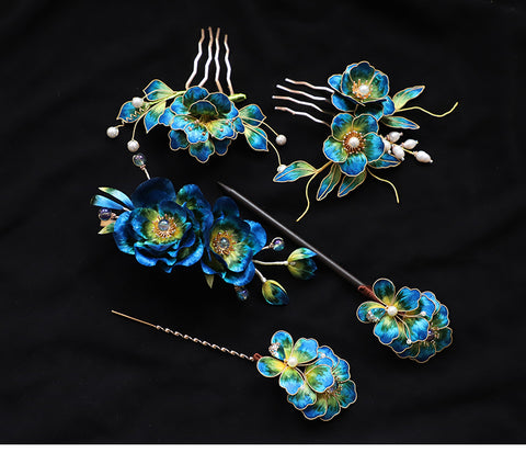 hair combed to the side Ronghua Flower Hair Comb Clip Chinese Jewelry Blue Flower Side Comb Chinese Hair Accessories