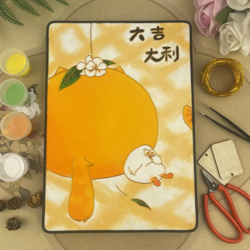 Cloisonné Painting DIY Art Kit Chinese Lunar New Year Sayings with Orange Tabby Cat Cloisonne Kit Chinese Cloisonné Art Kit