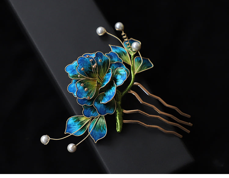 hair comb side Ronghua Flower Hair Comb Clip Chinese Jewelry Blue Flower Side Comb Chinese Hair Accessories