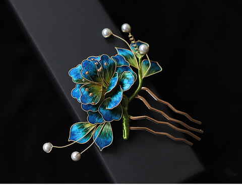hair comb side Ronghua Flower Hair Comb Clip Chinese Jewelry Blue Flower Side Comb Chinese Hair Accessories