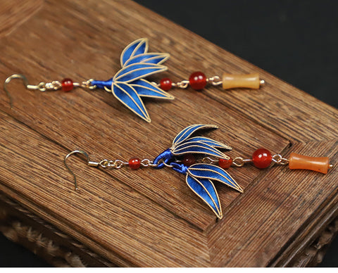ladies dangle earrings​ Cloisonne Blue Bamboo Leaves Dangle Earings