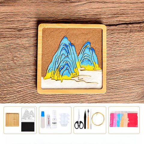 Cloisonné Kits DIY Wooden Drink Coaster Chinese Paintings of Mountains Cloisonne Kit Wooden Cup Coasters