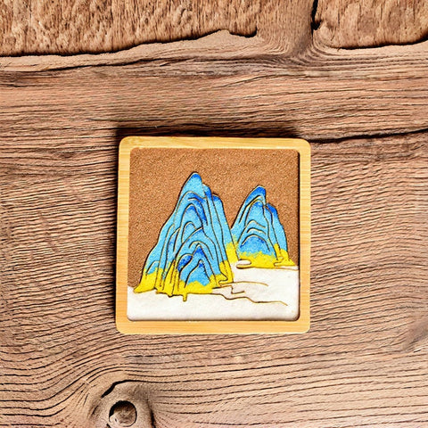 Cloisonné Kits DIY Wooden Drink Coaster Chinese Paintings of Mountains Cloisonne Kit Wooden Cup Coasters