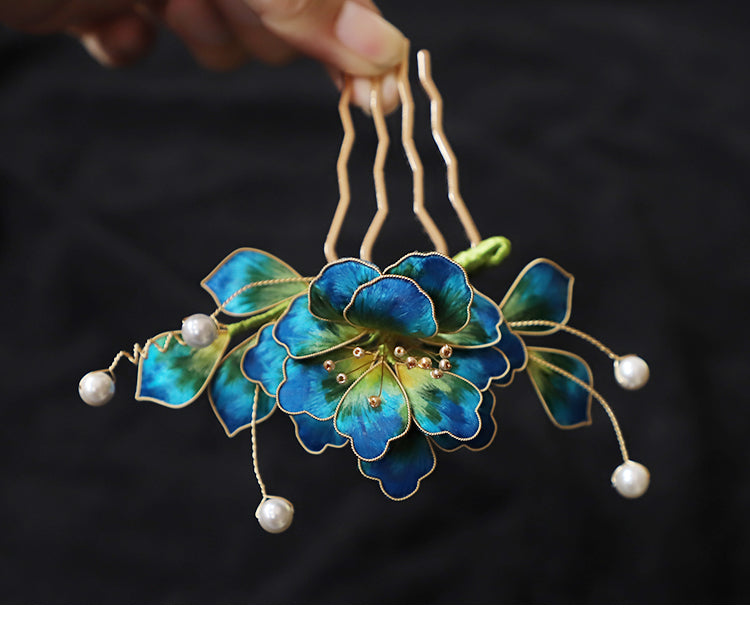 hair accessories for prom Ronghua Flower Hair Comb Clip Chinese Jewelry Blue Flower Side Comb Chinese Hair Accessories