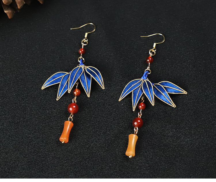 droplet earrings​ Cloisonne Blue Bamboo Leaves Dangle Earings 