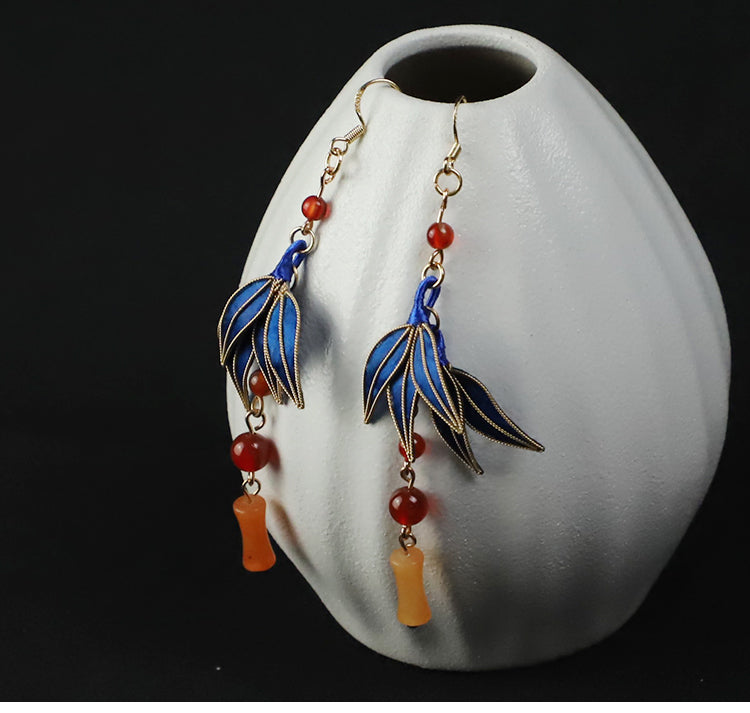 earring dangle​ Cloisonne Blue Bamboo Leaves Dangle Earings 