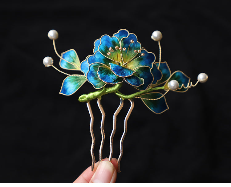 french comb hairstyles Ronghua Flower Hair Comb Clip Chinese Jewelry Blue Flower Side Comb Chinese Hair Accessories