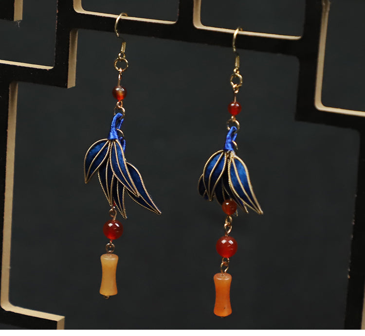 dangling earings Cloisonne Blue Bamboo Leaves Dangle Earings 