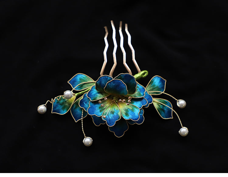 comb clips​ Ronghua Flower Hair Comb Clip Chinese Jewelry Blue Flower Side Comb Chinese Hair Accessories