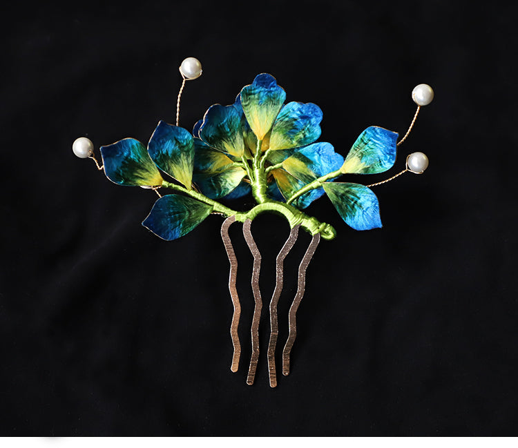 comb clip hair Ronghua Flower Hair Comb Clip Chinese Jewelry Blue Flower Side Comb Chinese Hair Accessories