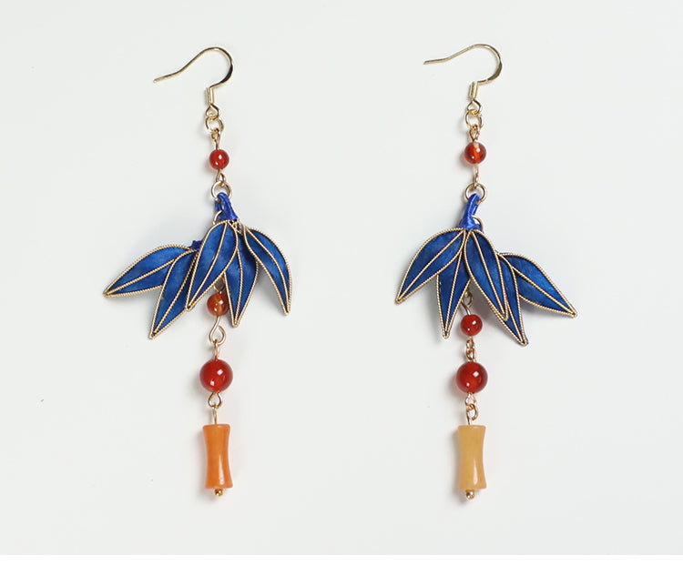 dangle earrings silver​ Cloisonne Blue Bamboo Leaves Dangle Earings 