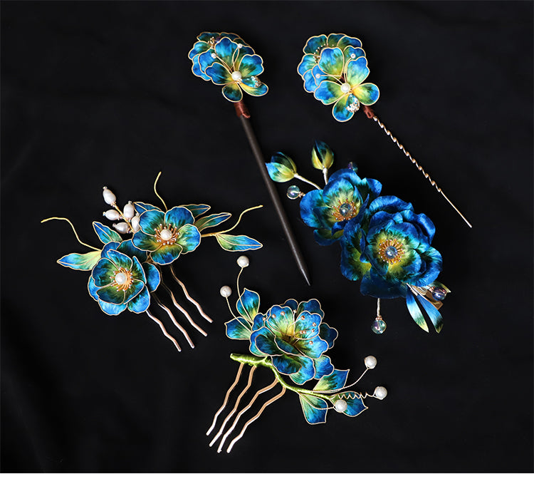 bridesmaid hair clips​ Ronghua Flower Hair Comb Clip Chinese Jewelry Blue Flower Side Comb Chinese Hair Accessories