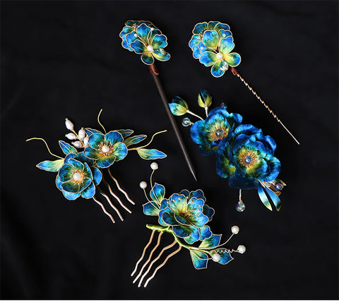 bridesmaid hair clips​ Ronghua Flower Hair Comb Clip Chinese Jewelry Blue Flower Side Comb Chinese Hair Accessories