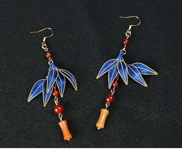 earrings dangling​ Cloisonne Blue Bamboo Leaves Dangle Earings 
