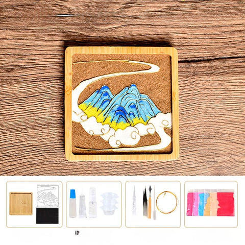 Cloisonné Kits DIY Wooden Drink Coaster Chinese Paintings of Mountains Cloisonne Kit Wooden Cup Coasters