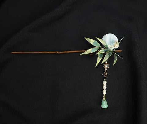 Chinese Hair Chopsticks Rong Hua Flower Chinese Hair Sticks Chinese Accessories Bamboo Leaves Wooden Hair Pin 
