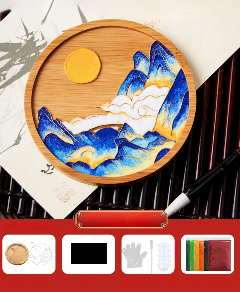 Cloisonne Kits Wooden Drink Coaster Chinese Landscape Art DIY Cloisonne Kit Wooden Cup Coasters