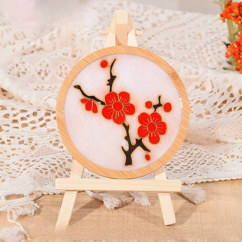 Cloisonne Kits Wooden Drink Coaster Red Plum Blossom DIY Cloisonne Kit Wood Drink Coaster