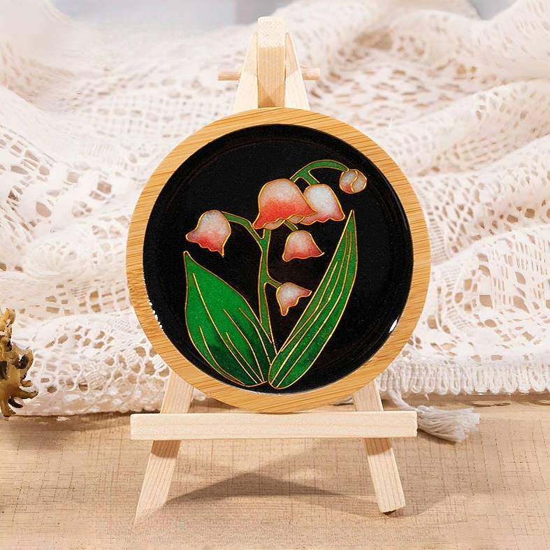 Cloisonne Kits Wooden Drink Coaster Lily of The Valley DIY Cloisonne Kit Wood Drink Coaster