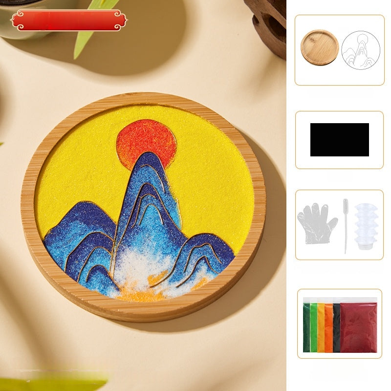 Cloisonne Kits Wooden Drink Coaster Chinese Landscape And Sun Art DIY Cloisonne Kit Wooden Cup Coasters