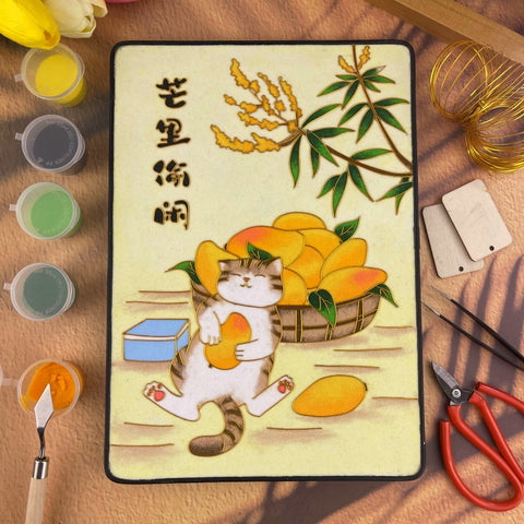 Cloisonne Painting DIY Art Kit Chinese New Year Wishes with Tabby Cats Cloisonne Kit Chinese Cloisonne Art Kit