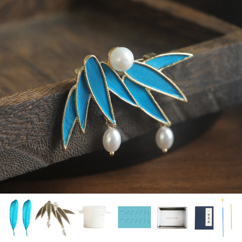 kingfisher bird feathers​ Tian-Tsui Chinese Brooch Pin Kit DIY Tian Tsui Peacock Feather Craft Bamboo Leaves Feather Crafting