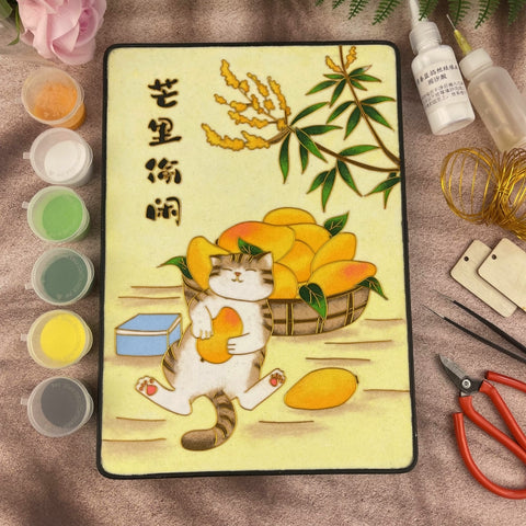 Cloisonne Painting DIY Art Kit Chinese New Year Wishes with Tabby Cats Cloisonne Kit Chinese Cloisonne Art Kit