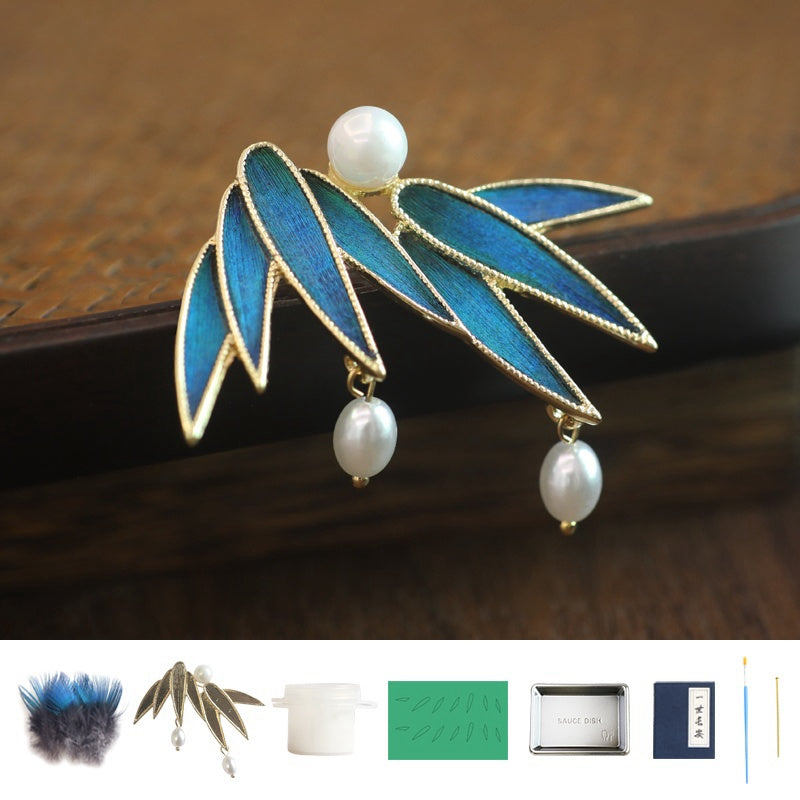 kingfisher feather​ Tian-Tsui Chinese Brooch Pin Kit DIY Tian Tsui Peacock Feather Craft Bamboo Leaves Feather Crafting