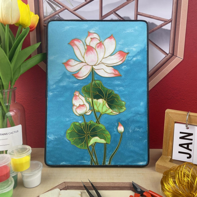 lotus pond painting​ Cloisonné Painting DIY Art Kit Lotus Flower Artwork Cloisonné Kit Lotus Art Chinese Cloisonné Art Kit 