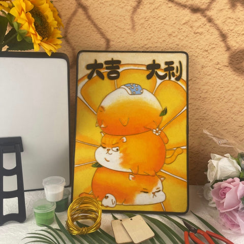 Cloisonné Painting DIY Art Kit Chinese Lunar New Year Sayings with Orange Tabby Cat Cloisonne Kit Chinese Cloisonné Art Kit