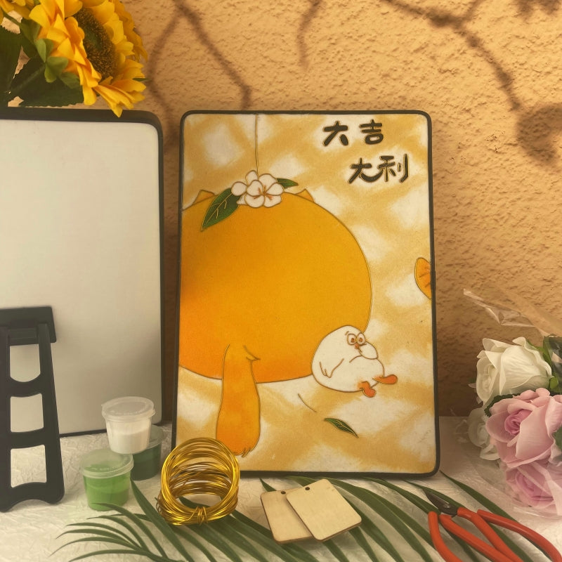 Cloisonné Painting DIY Art Kit Chinese Lunar New Year Sayings with Orange Tabby Cat Cloisonne Kit Chinese Cloisonné Art Kit