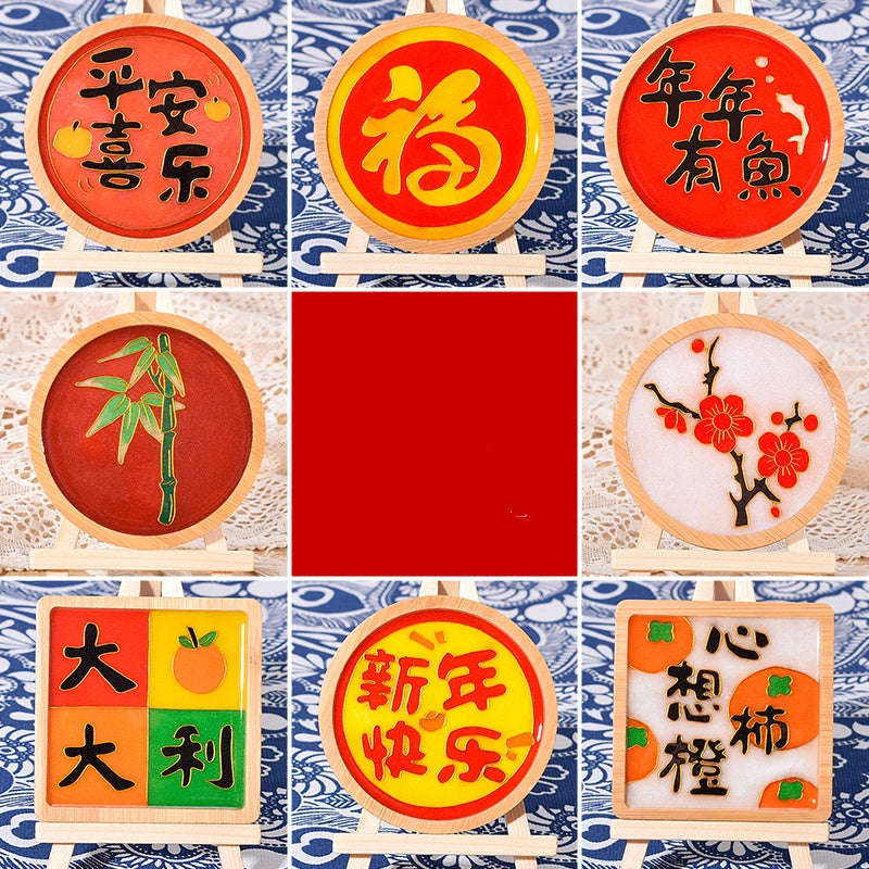 Cloisonne Kits Wooden Drink Coaster Chinese Coasters Chinese New Year DIY Cloisonne Kit Wooden Cup Coasters