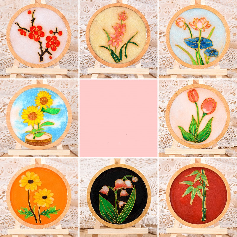 Cloisonne Kits Wooden Drink Coaster Chinese Coasters Flowers DIY Cloisonne Kit Wooden Cup Coasters